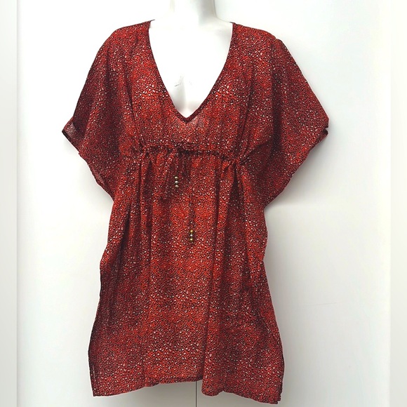 ECHO | Animal Print Red Cotton Caftan Cover-Up - Picture 4 of 12